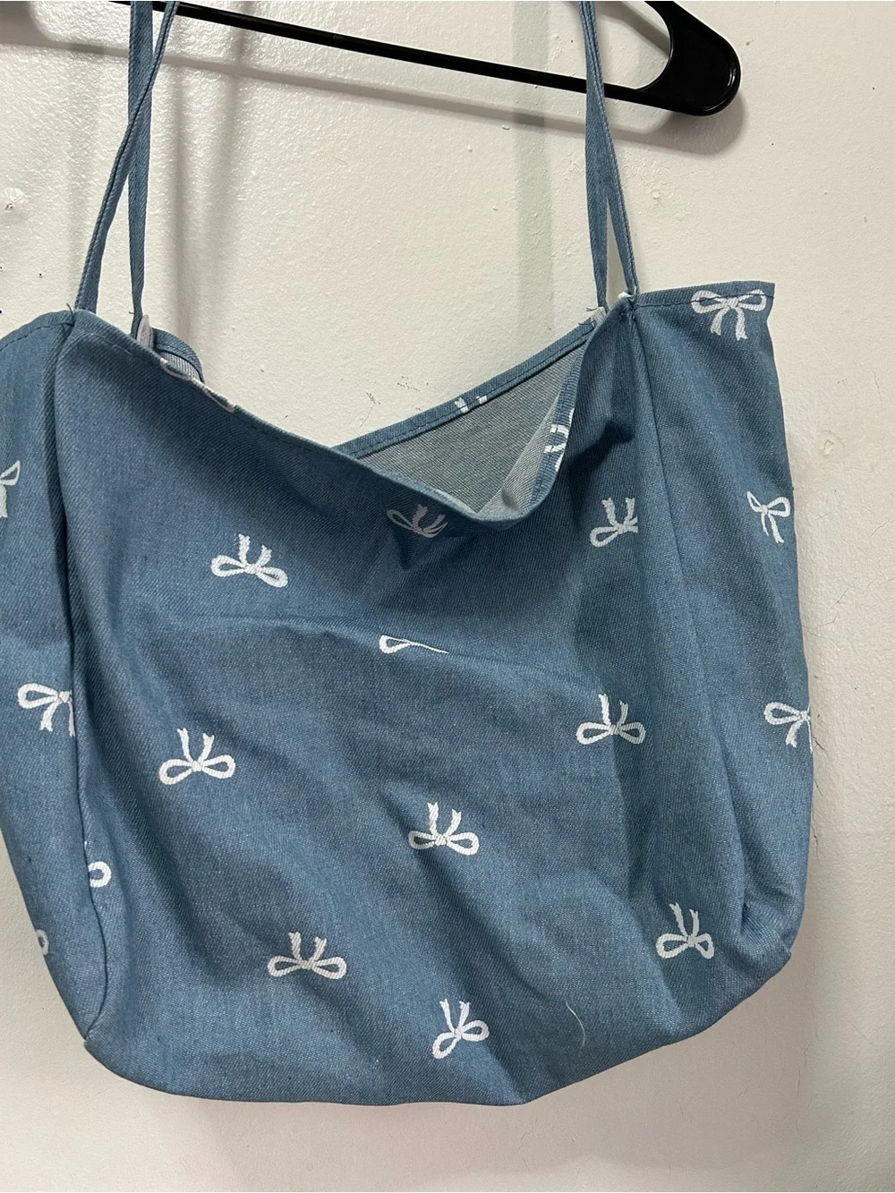 Blue Canvas Bow-Print Tote Bag - Casual Everyday Shoulder Bag